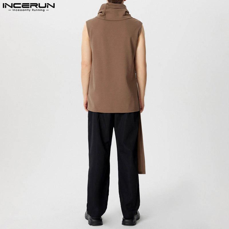 INCERUN Men High Cowl Neck Irregular Stitching Sleeveless T-shirt Casual Ruffled Tops
