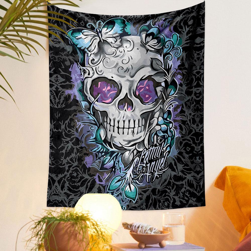 Skull with Butterflies and Floral Design Patterned tapestry home decor, suitable for bedroom and living room, gift
