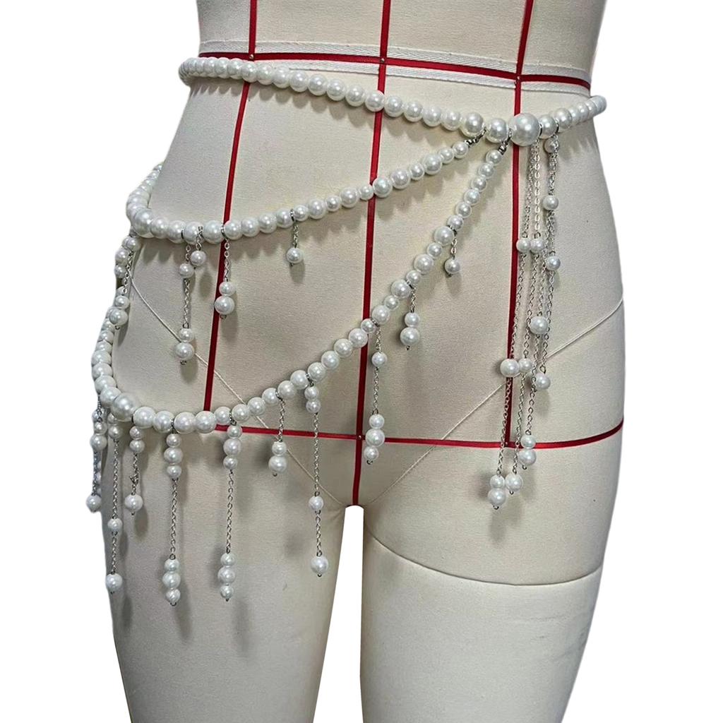 Multilayer Long Imitation Pearls Waist Chain Belt with Tassel Women Elegant Body Chain Accessory for Dresses and Sweater