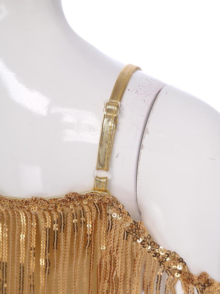 Girls Fashion Spaghetti Strap Sleeveless Sparkly Sequins Tassels Shiny High Waist Flared Jumpsuit Pageant Outfit