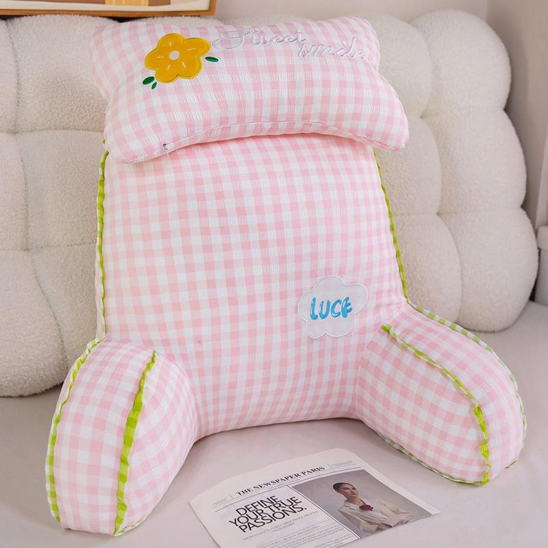 1pcs Pink Checkered Fabric Bedhead Soft Bag with Large Backrest Student Dormitory Reading and Playing Mobile Phone Waist Pads Office Seat Cushion
