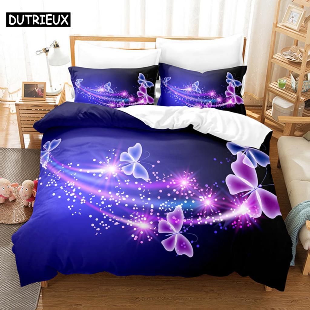 Фиолетовый комплект постельного белья, пододеяльник, одеяло, наволочка, 3D одеяло, лаванда, бабочка, двойной, полный, King Queen, Twin Single