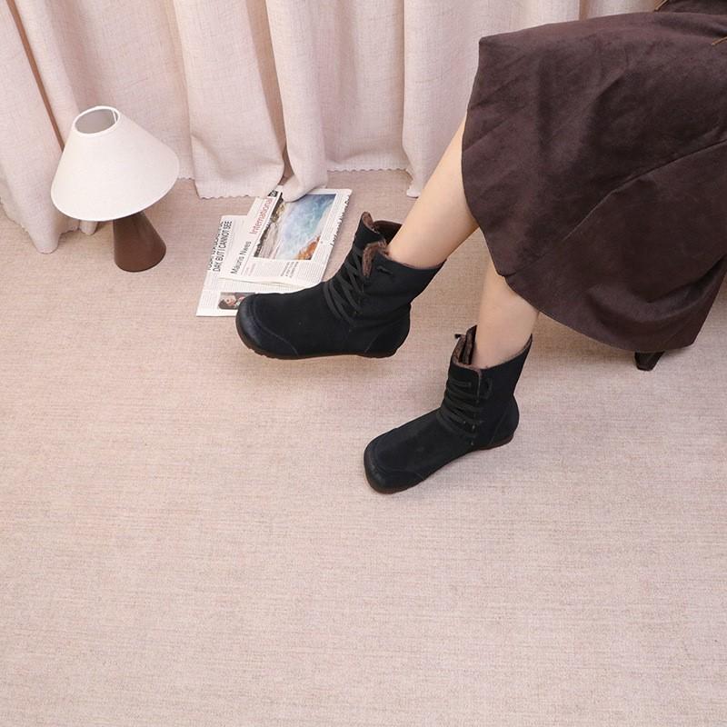 Johnature Плюшевая коровья замша Плюшевые женские полусапоги Ретро шнуровка Теплые на плоской подошве Зимние сапоги