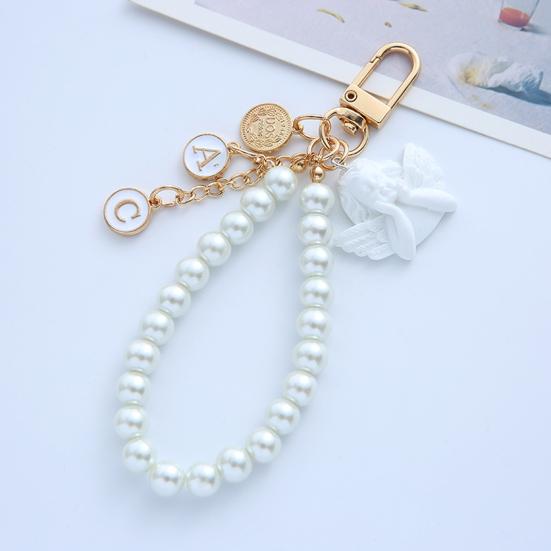Keychain Pendant Faux Pearl Luxury Angel Letter Round Tag Stainless Alloy Exquisite Anti-lost Shoulder Bag Schoolbag Decoration Pendant Key Holder