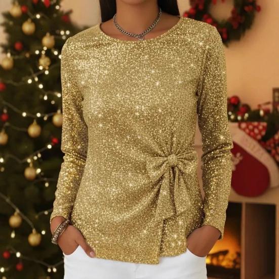 Женские топы с круглым вырезом, длинными рукавами и сверкающими пайетками, пуловеры с мерцающим бантом