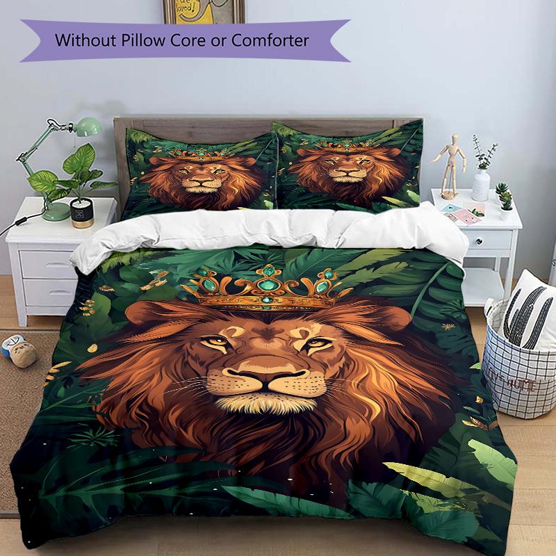 3Pcs Royal Lion Jungle Bedding Set Soft Fabric Duvet Cover Pillowcases Home Christmas Xmas Halloween Gift 1 Duvet Cover 2 Pillowcase G1266