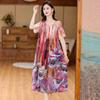 Summer short-sleeved cotton and silk printed dress, ethnic temperament, loose and thin color, covering meat mother medium and long dress
