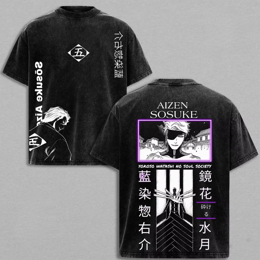 Vintage Washed Oversized Casual Summer Men's Tops T-Shirt Printed with Sousuke Aizen from Anime BLEACH Women And Men T-shirt