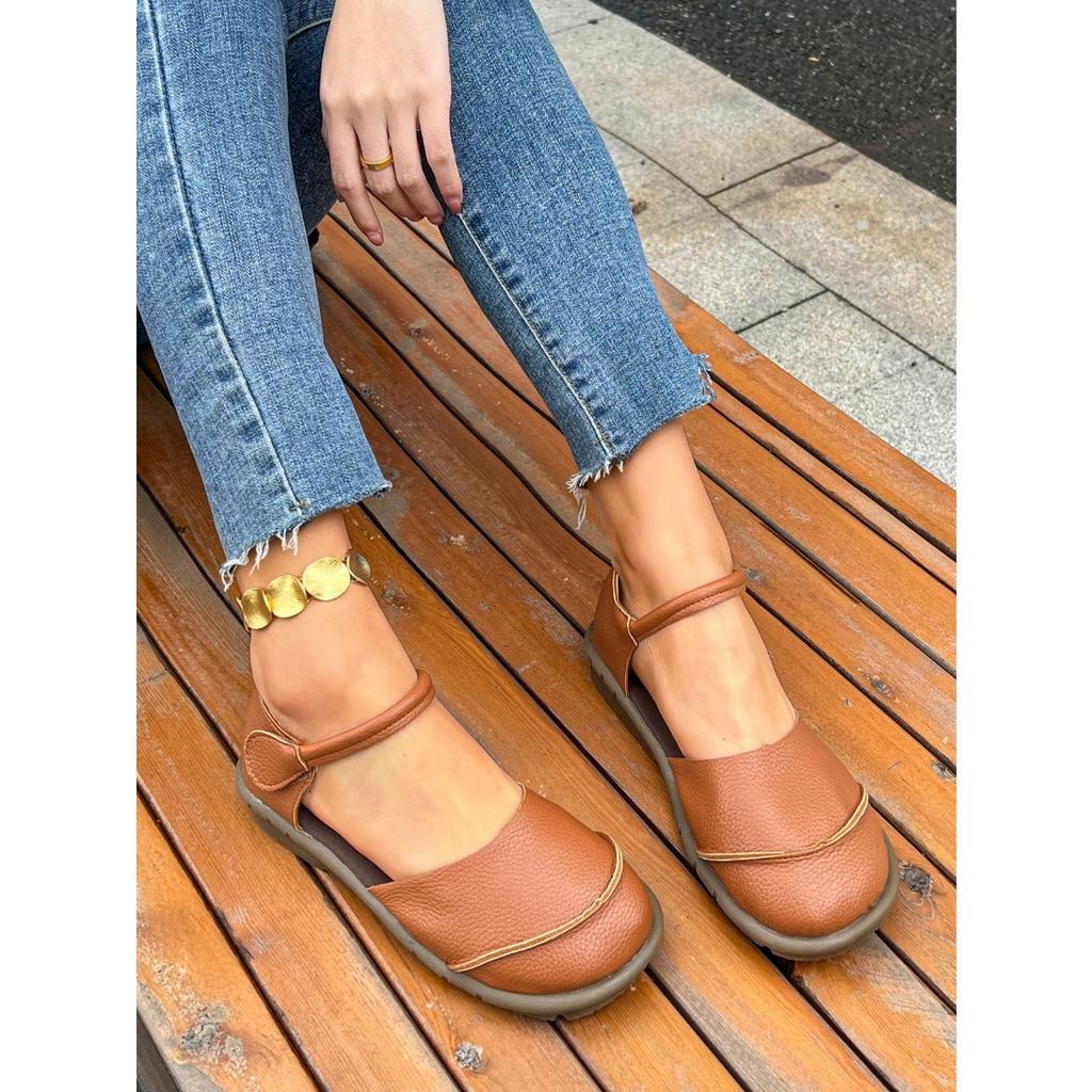 Ladies Mary Jane Flat Dance Lace Adjustable Velcro Closure - Round Head Casual Shoes, Comfortable Brown Single Shoes for All Seasons, Daily Dressing