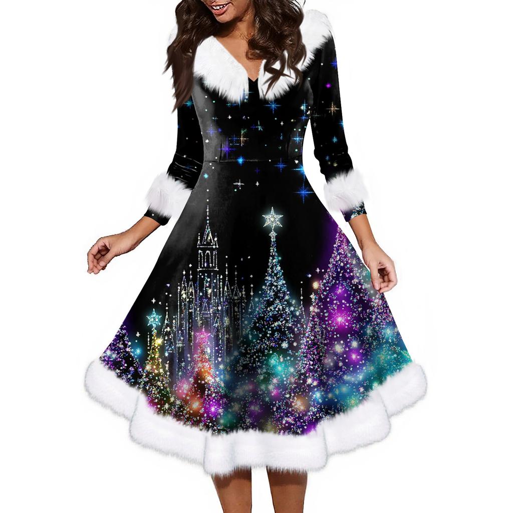 Женское модное повседневное платье с v-образным вырезом и рождественским принтом для вечеринки с длинными рукавами