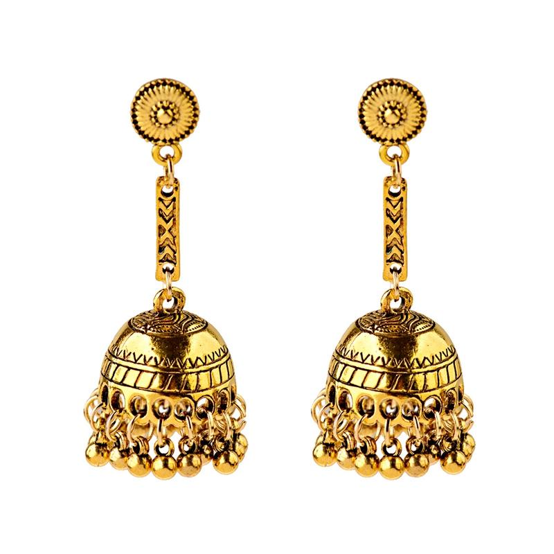 Women‘s Boho Ethnic Gold Copper Plated Jhumka Indian Earring Gypsy Zircon Vintage Big Bells Dangle Hanging Earrings For Women