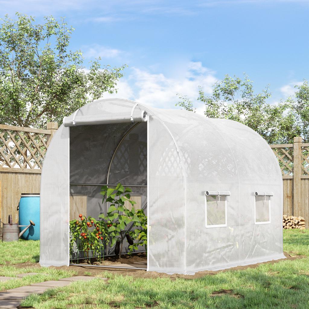 Tunnel Garden Greenhouse 6 m² 3L x 2W x 1.9H m Reinforced Galvanised Steel Diameter 2.4 cm + High Density PE Windows Door White