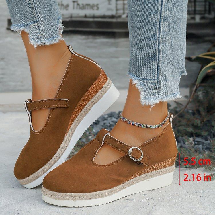 New ModelThick-Soled Fashion Casual Single Shoes Women'S Printed Bag Head Belt Buckle Hollow Wedge Heel Large Size Single Shoes