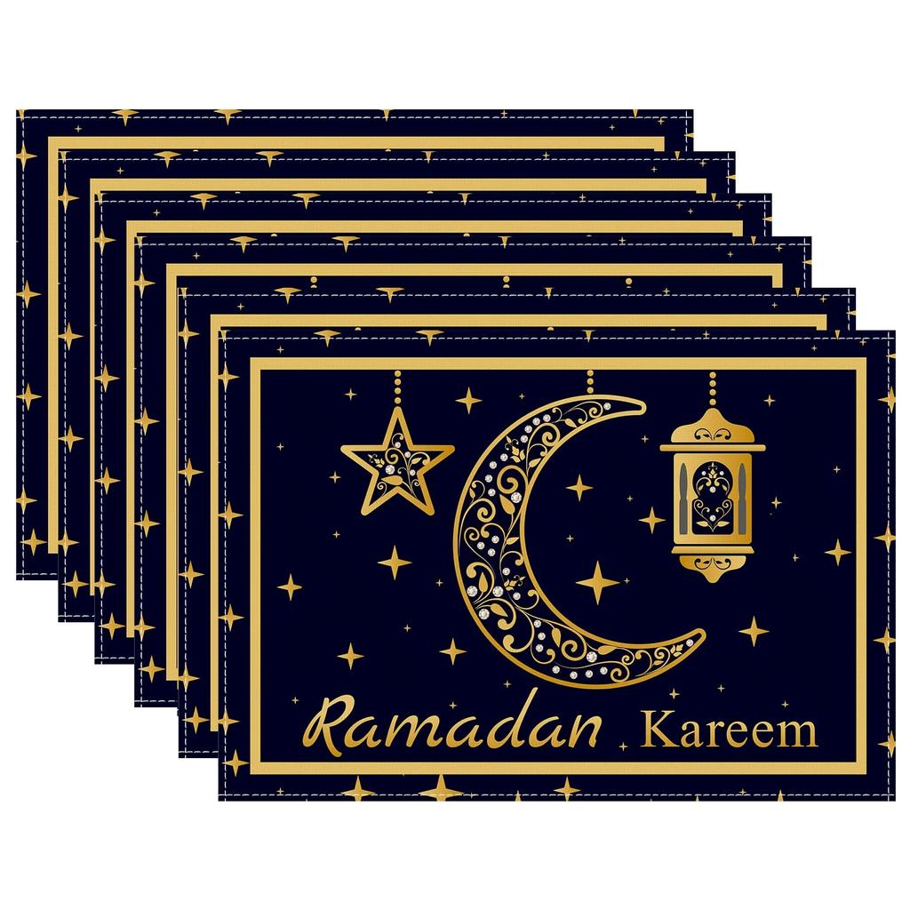 4/6pcs Black Golden Moon And Stars Lantern Placemats for Eid Mubarak Blessing, Seasonal Everyday Holiday Decor for Home Kitchen Restaurant Party