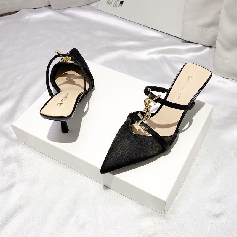 Лакированная кожа металлическая буква сумка голова полушлепанцы женская обувь на высоком каблуке лето новый тонкий каблук заостренный модный vs