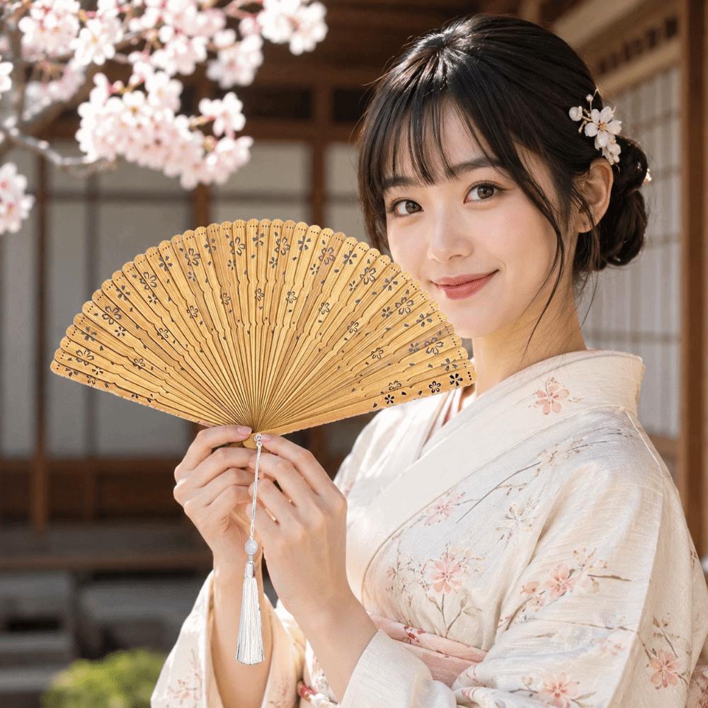 Sakura Folding Bamboo Fan Solid Color Kimono Fan Lightweight Tassel Folding Fan Lady Dance Props