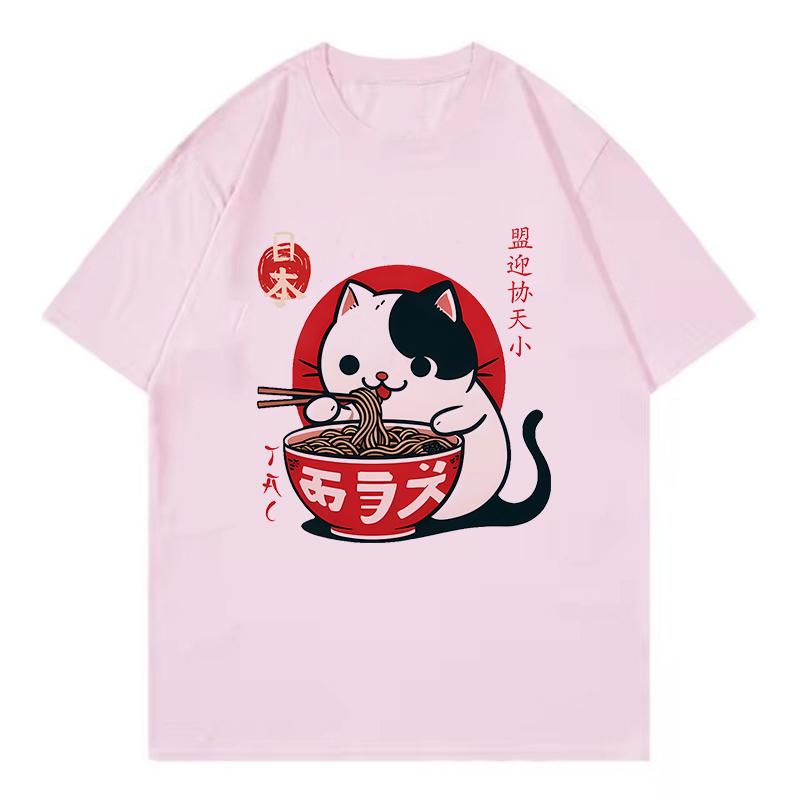 Loose Funny Japanese Cat Eat Ramen T Shirts Men Women Cat Tshirt Round Neck Short Sleeve Trendy Tee Shirt Streetwear