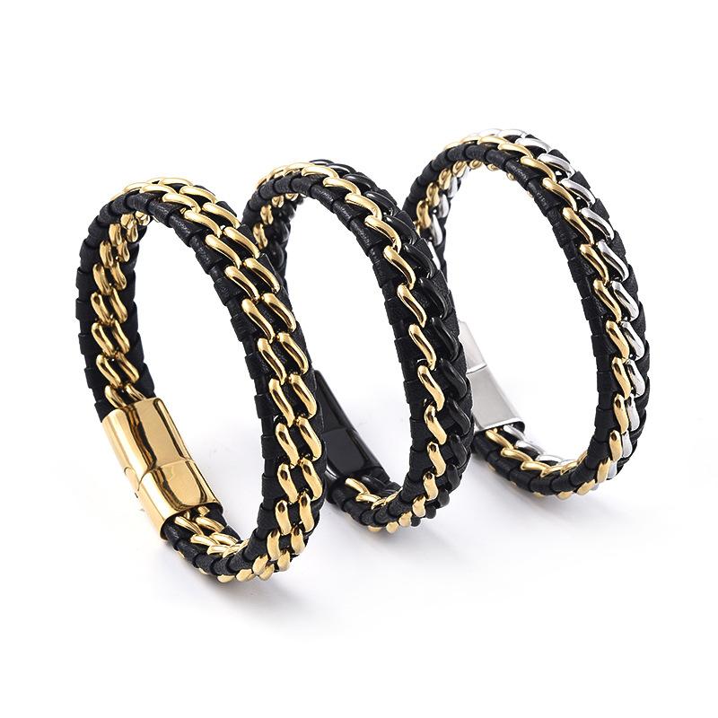 Модный ювелирный браслет из нержавеющей стали с перекрестными границами, кожаный браслет из черного золота, персонализированный мужской браслет в стиле ретро-панк