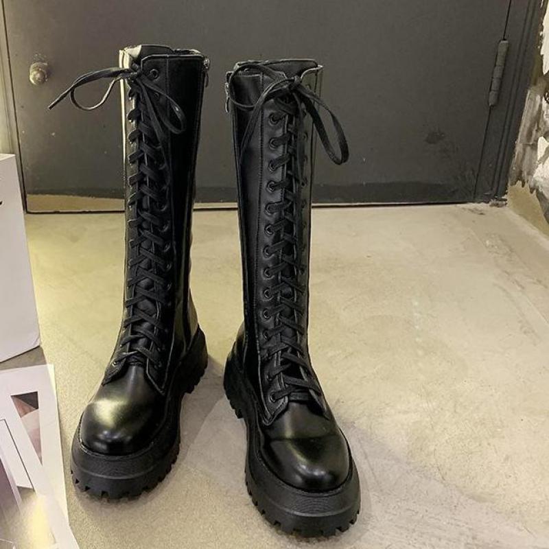 Женские сапоги до колена на массивной платформе, длинные женские ботинки на шнуровке в стиле панк, женская обувь «Челси» на молнии
