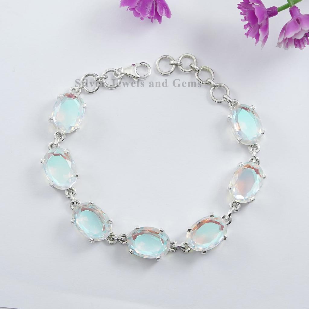 Oval Angel Aura Quartz Bracelet, Gift for Mom, Women's Bracelet, Aura Quartz Prong Bracelet, 925 Sterling Silver Bracelet