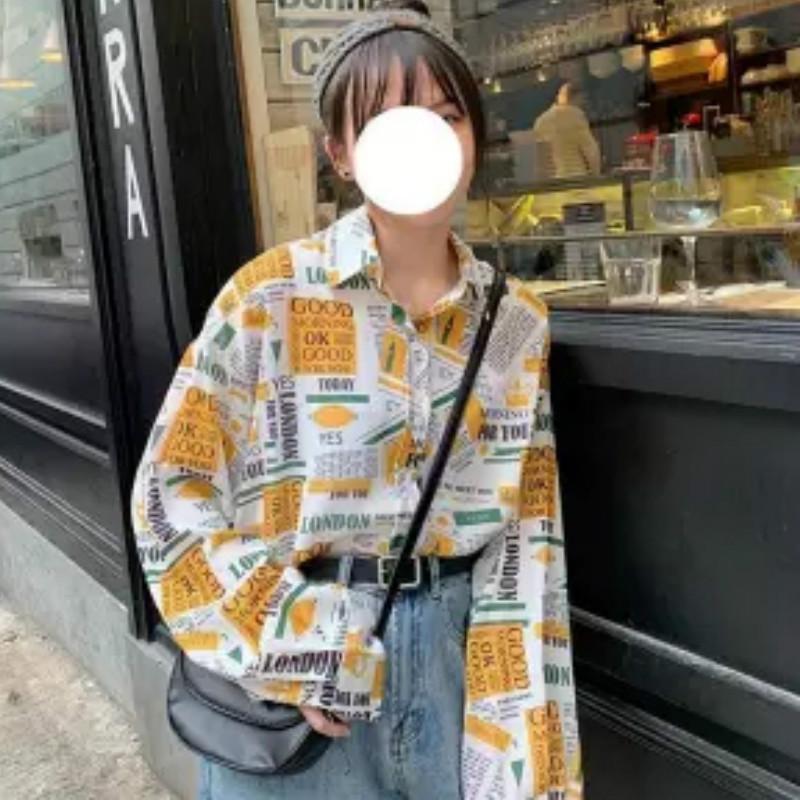 Harajuku Cat Блузка Весна с длинным рукавом отложным воротником Винтажная рубашка Свободные блузки Модные блузки