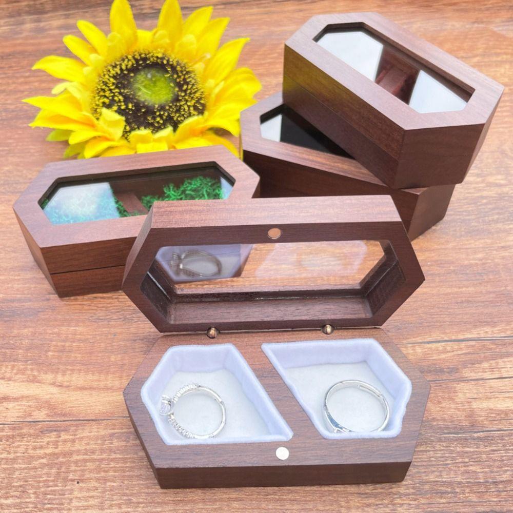 Square Mini Wood Rings Box Luxury Jewelry Organizer Simple Rings Bearer Box  Couple