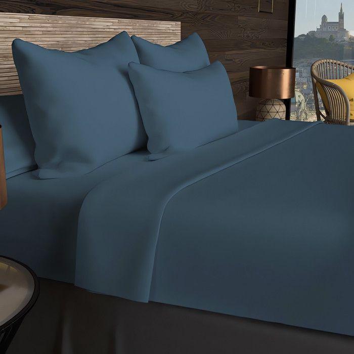57 Thread Count Cotton Fitted Sheet 140x190 Cm UNI Duck Blue, by Soleil D'ocre