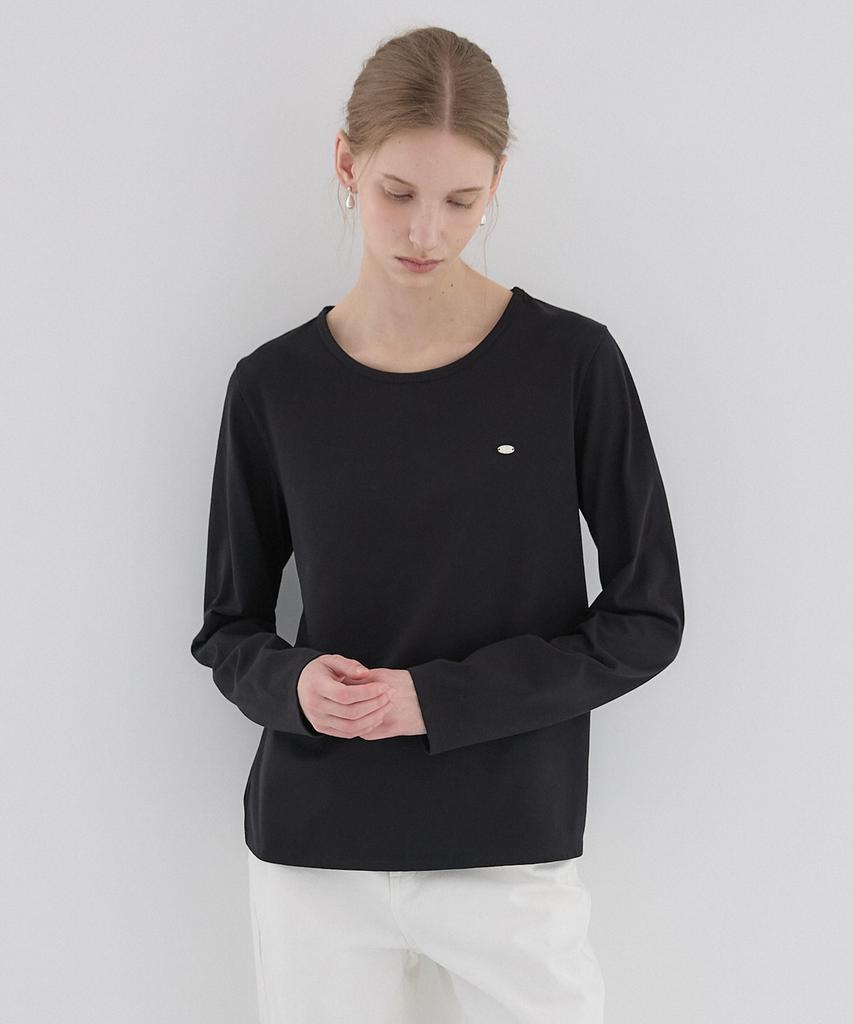 OURHOPE Logo Silky Round Neck Sleeve T-Shirt - Black