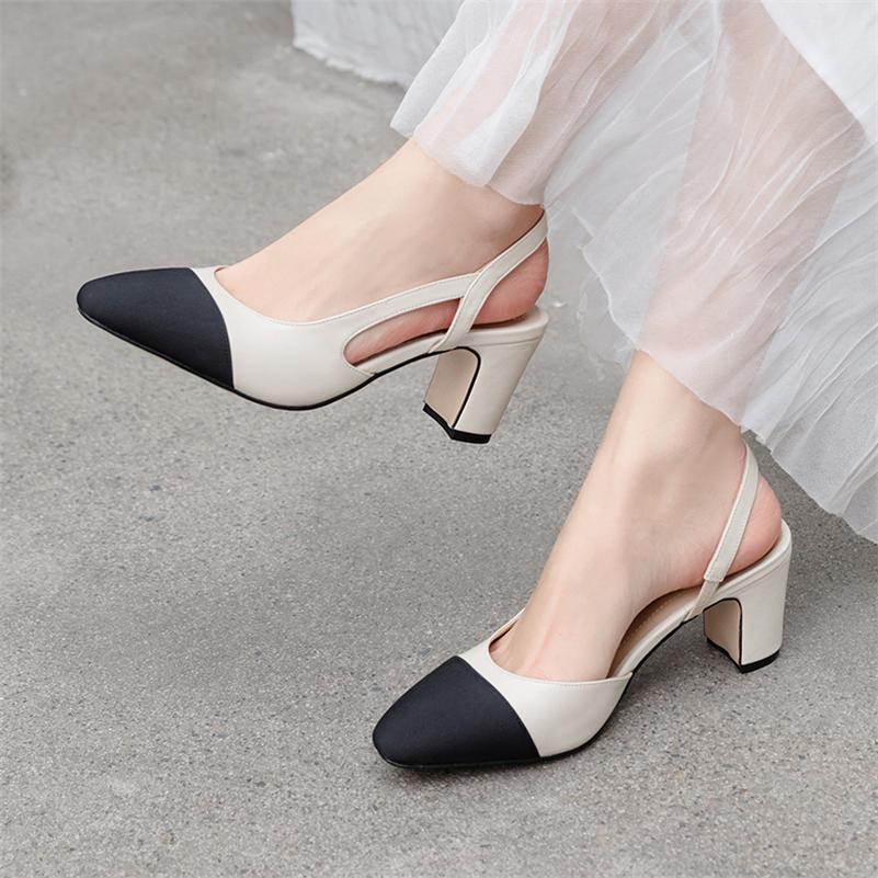 Meotina Women Slingback Shoes Genuine Leather Thick Heels Pumps Round Toe Causal High Heel Ladies Footwear 2022 Spring Apricot