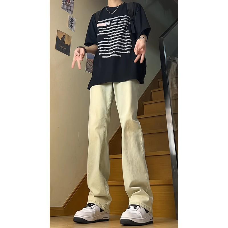 Mens Relaxed Fit Flared Jeans Water Washed Vintage Style Casual Streetwear Trousers Fall