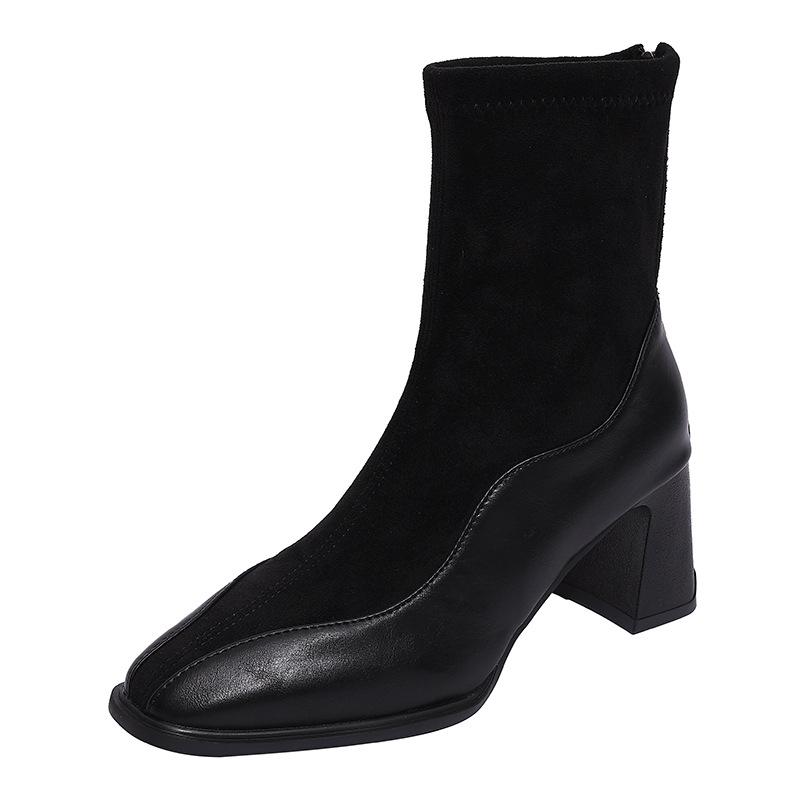 Французская коровья кожа тонкие ботинки высокий каблук короткие ботинки женские осенне-зимние новые квадратный носок темперамент ботинки Мартин облегающие эластичные ботинки