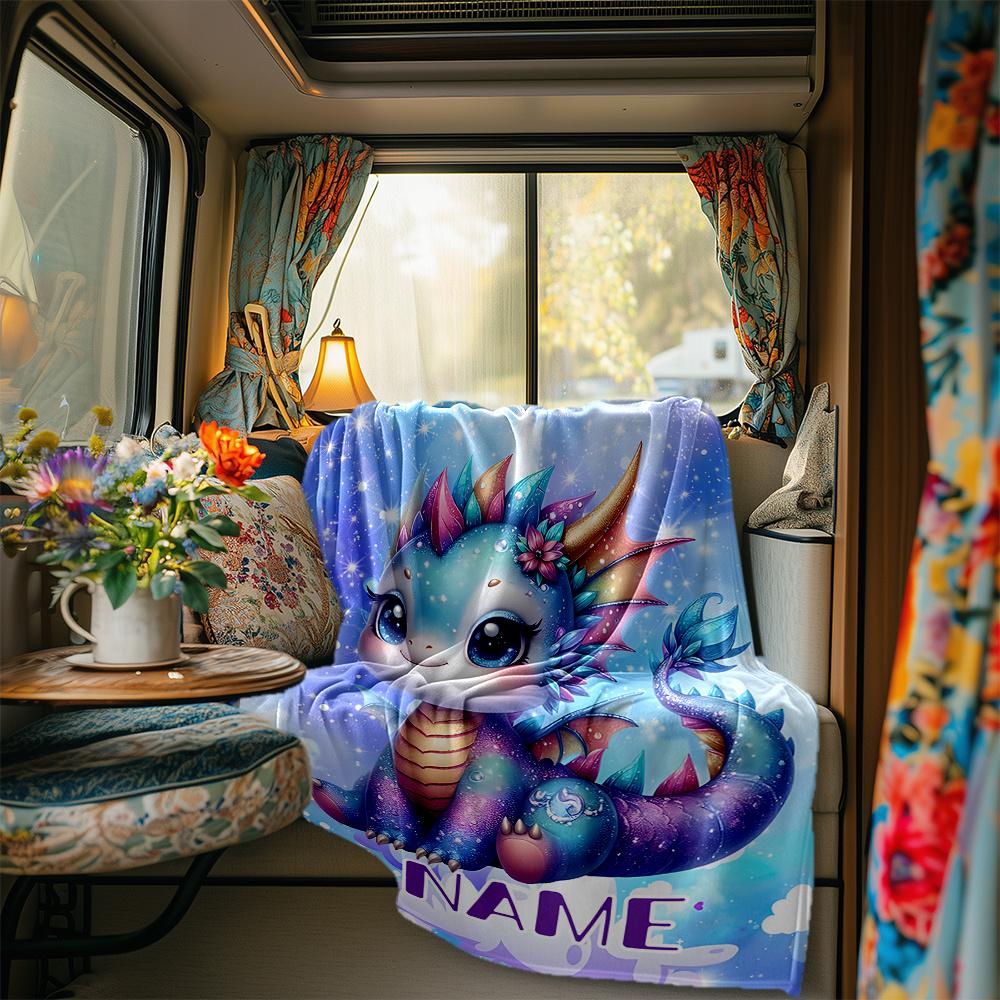 Fantasy Dragon With Colorful Scales And Flowers Blanketcustomizable With Your Namecomfortable And Stylish Perfect For Travel Beds Chairs Offices Sofas