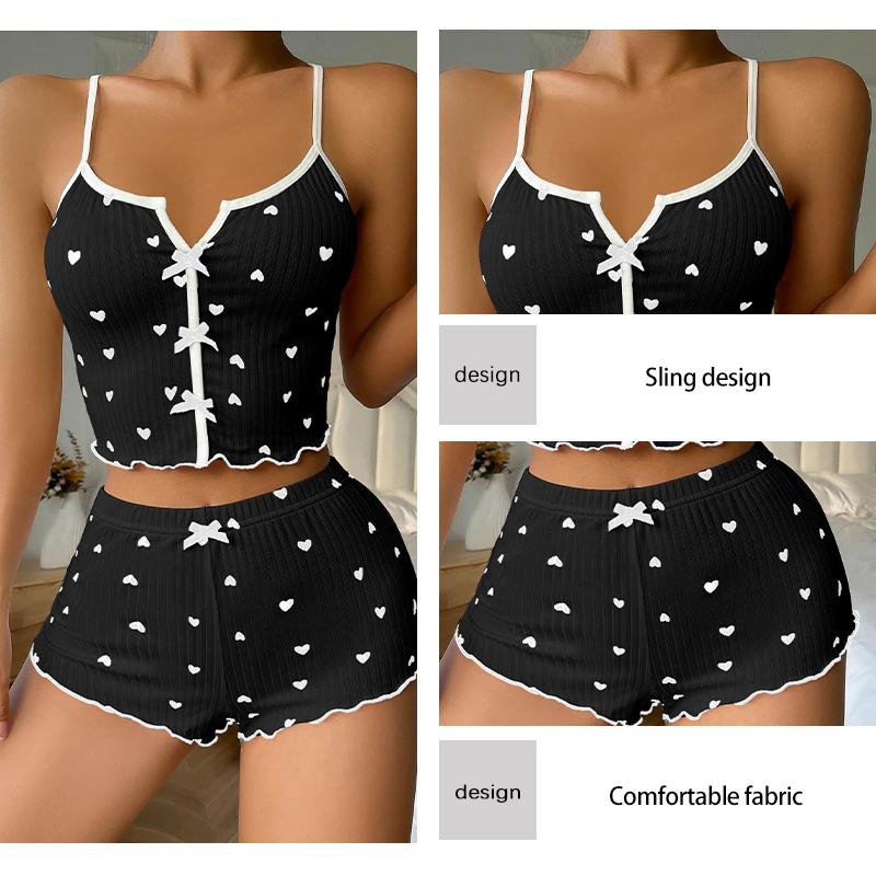 Women' Summer Cute Crop Top and Shorts with Ribbed Slim Fit Printed Suspender Ladie' S Home Casual Pajama Set