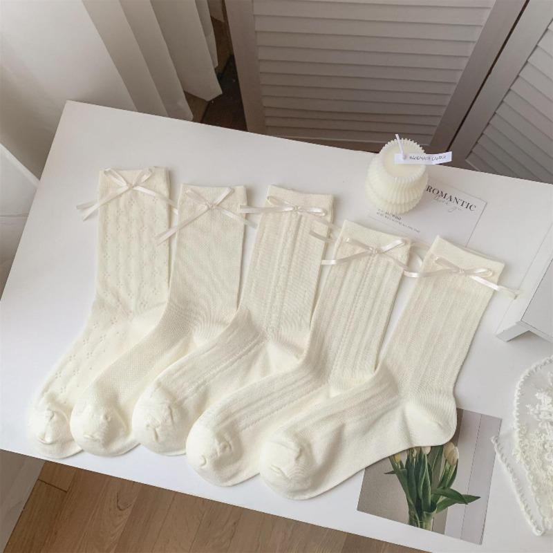 Summer Thin Hollow Mid-tube Socks with Side Bow Ribbon Ballet Style Cream Lolita JK Mesh Socks