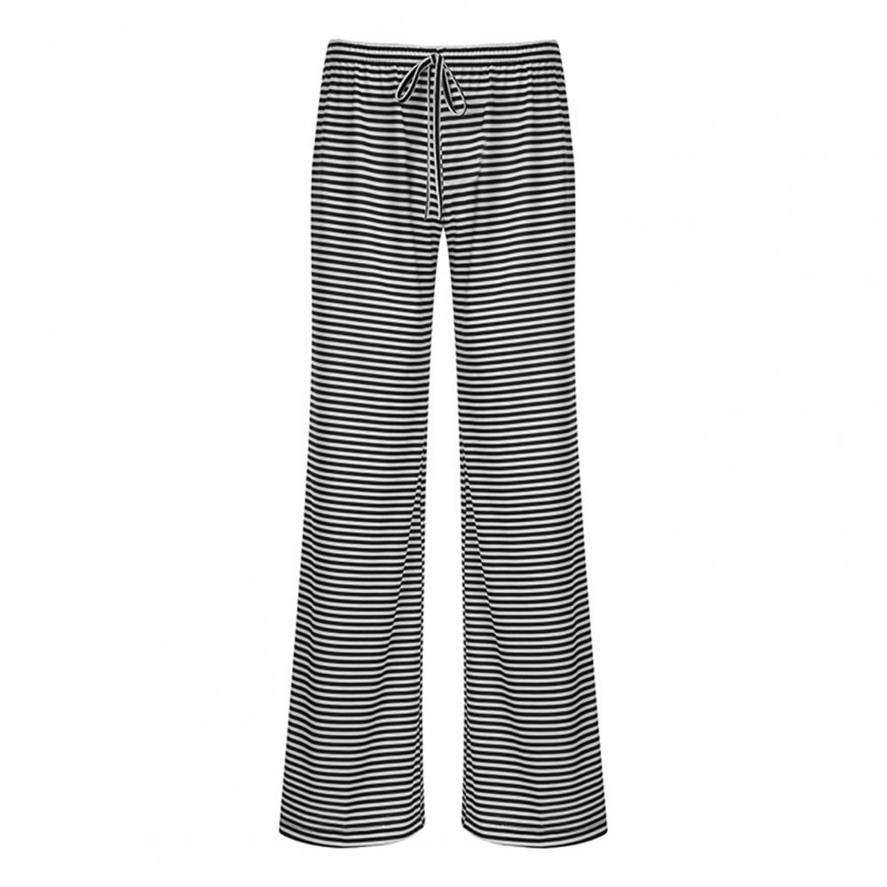 Women Casual Pants Straight Wide Leg Striped Print Long Trousers Adjustable Waist Strap Loose Fit Lounge Pants