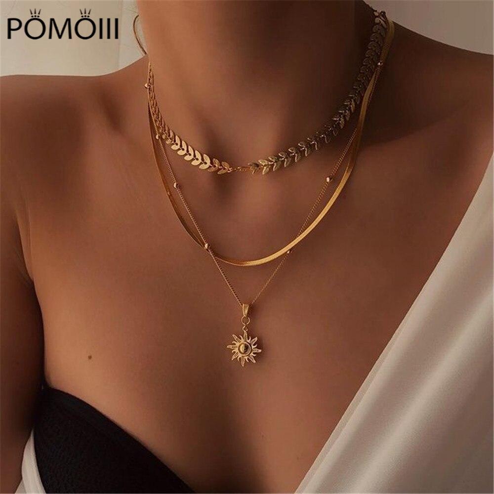 Новое простое многослойное ожерелье золотого цвета, колье с геометрическим кулоном в виде звезды и луны для женщин, колье-чокер, ювелирные аксессуары