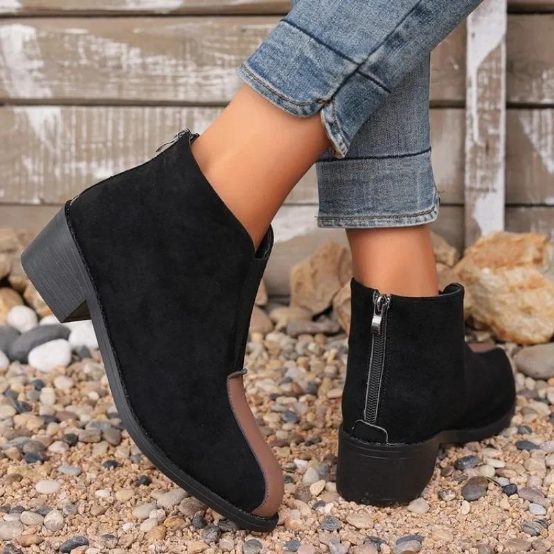 Fashion 2024 Autumn/Winter New Trade Women's Single Boot Large Leopard Print Front Zipper Square Heel Short Boots for Women Plus Size 43