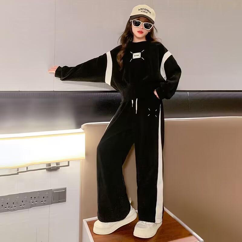 Модный комплект из двух предметов для девочек весна/осень: Стильная короткая толстовка и широкие брюки