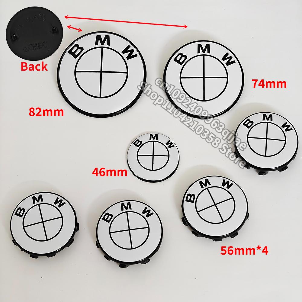 Car Full White Logo Front Hood Emblem 82mm+Rear Badge 74mm+Wheel Hub Cap 68mm/56mm+steering wheel sticker 45mm For All BMW