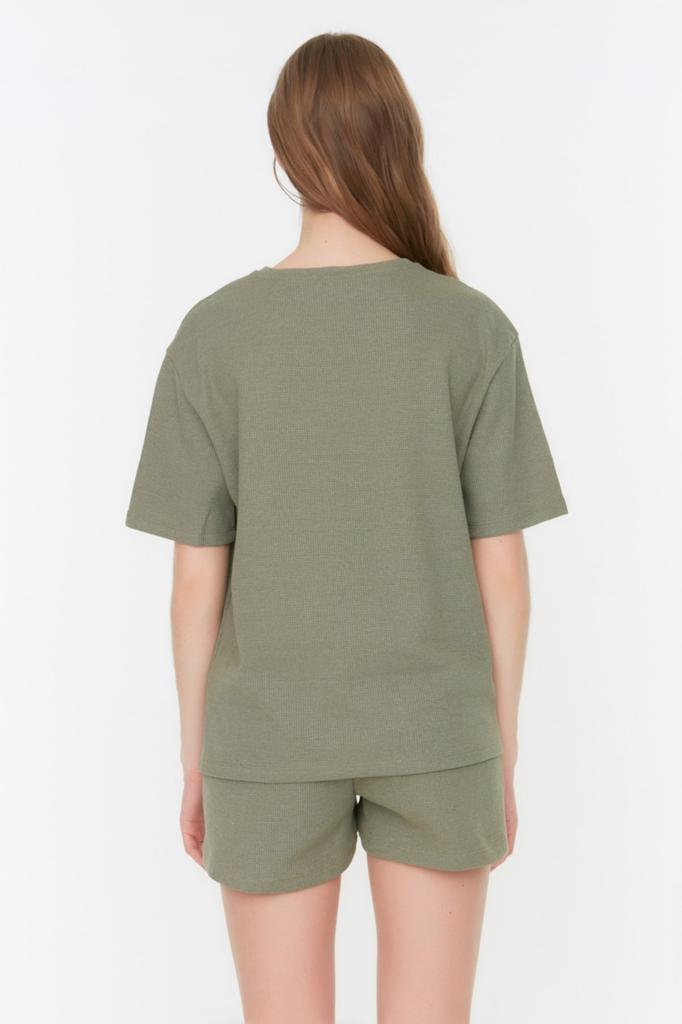 Women's Fashion New Pajama Set Black Waffle Fabric Cotton Knitted Pajama Set