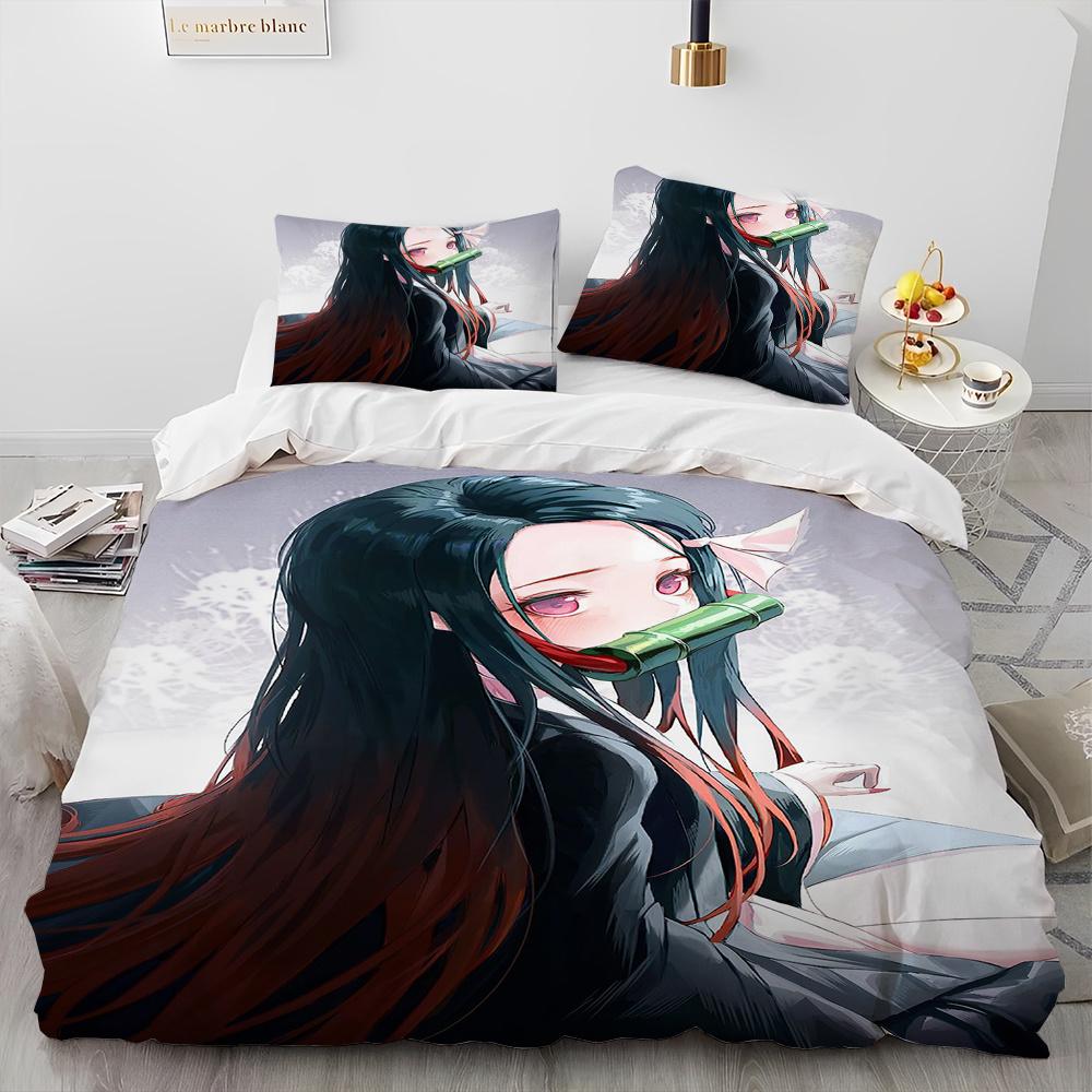 Demon Slayer Bedding Set Kamado Nezuko Duvet Cover Set Bedspread Pillowcase King Queen Full Single Size Bed Linen Kids Teen Gift