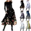 Women's Fashion Casual Printed Round Neck Pullover Slim Fitting Long Sleeve Dress