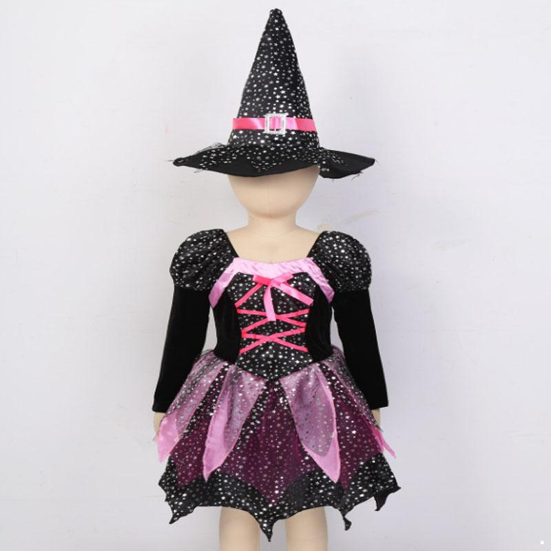 Kid Girls Halloween Witch Costume Sparkly Silver Stars Printed Carnival Cosplay Dress with Pointed Hat Wand Dress Up Clothes
