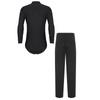 Mens Latin Dance Outfit V Neck Long Sleeve Rhinestone Bodysuit Satiny High Waist Straight Long Pants