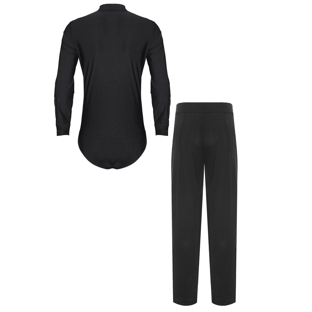 Mens Latin Dance Outfit V Neck Long Sleeve Rhinestone Bodysuit Satiny High Waist Straight Long Pants