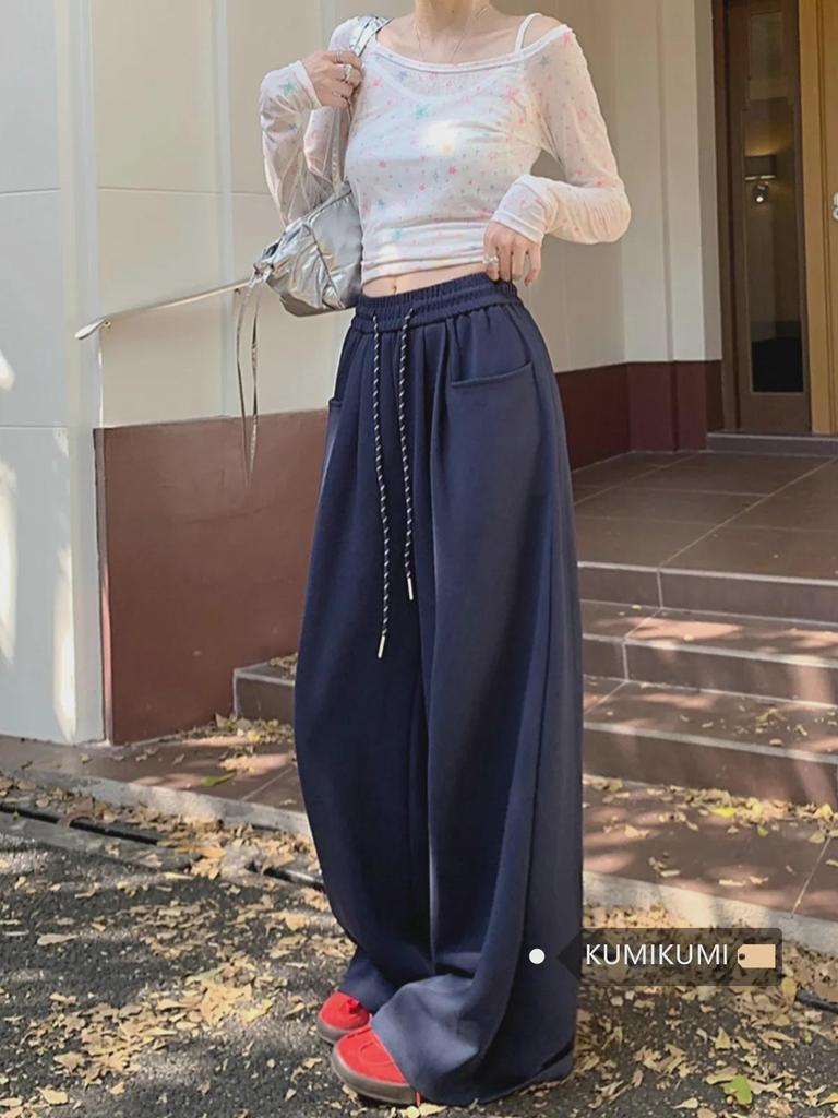 Женские повседневные брюки с широкими штанинами и эластичным поясом: Свободный крой, длина до пола, спортивные брюки для ранней осени