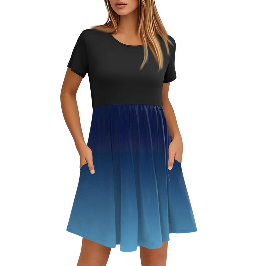 Женские модные повседневные свободные платья с круглым вырезом и коротким рукавом с принтом и карманами