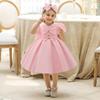 Girls Princess Dress Satin Bow Puff Sleeve Short Gown Kids 4-8 Years Old