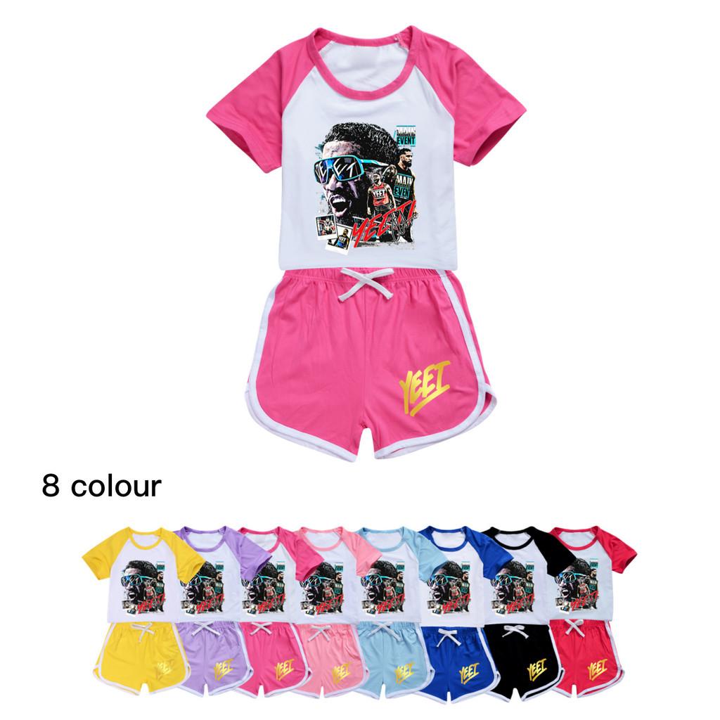 5886 Kids Boys Girls Yeet Print Tracksuit Top Shorts Sets