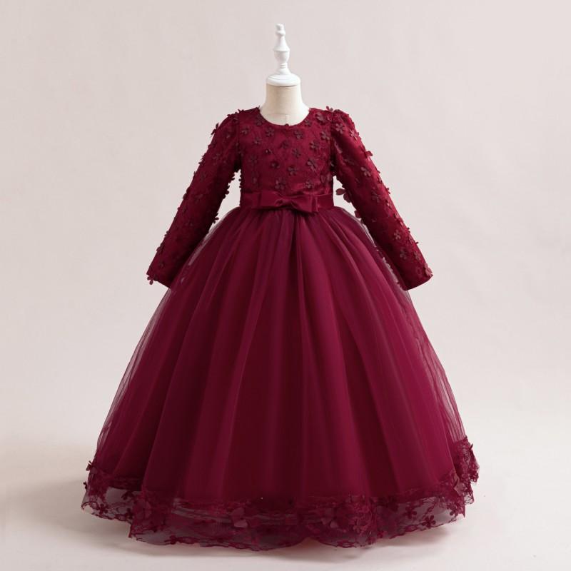 Girl Long Sleeve Dress Princess Party Gown Flower Performance